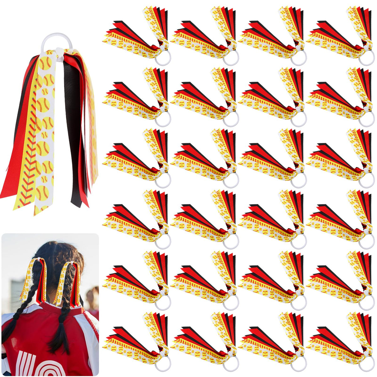 LiYiQ front-packaging showing 24 softball hair ties and scrunchies for easy selection