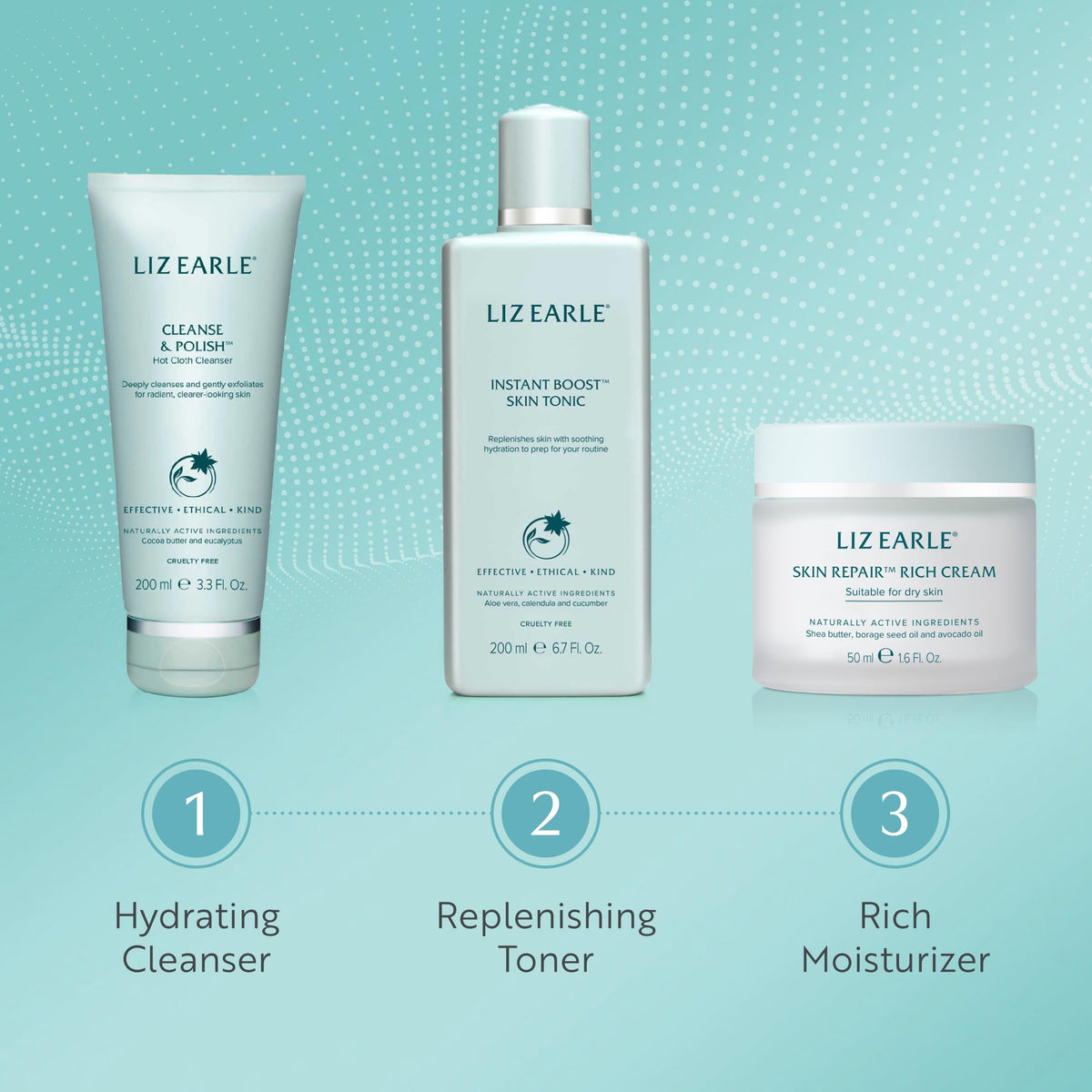 Liz Earle applying cleanser to face illustrating gentle makeup removal benefit