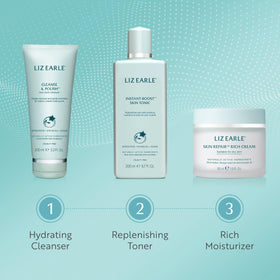 Liz Earle applying cleanser to face illustrating gentle makeup removal benefit