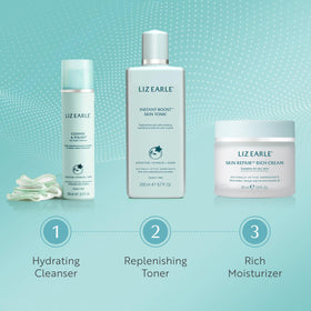 Liz Earle cloth wrung under warm water, illustrates soothing warm rinse
