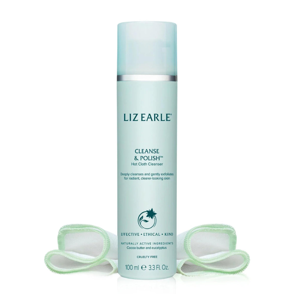 Liz Earle front packshot showing tube and cloth, highlights gentle hydration