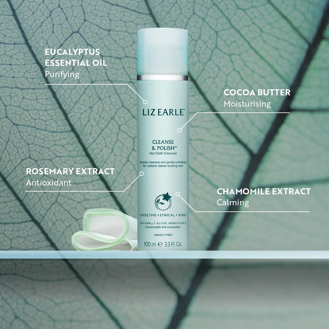 Liz Earle tube open with cream on fingertip, shows nourishing texture
