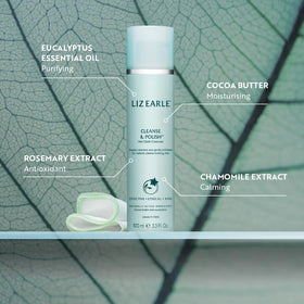 Liz Earle tube open with cream on fingertip, shows nourishing texture