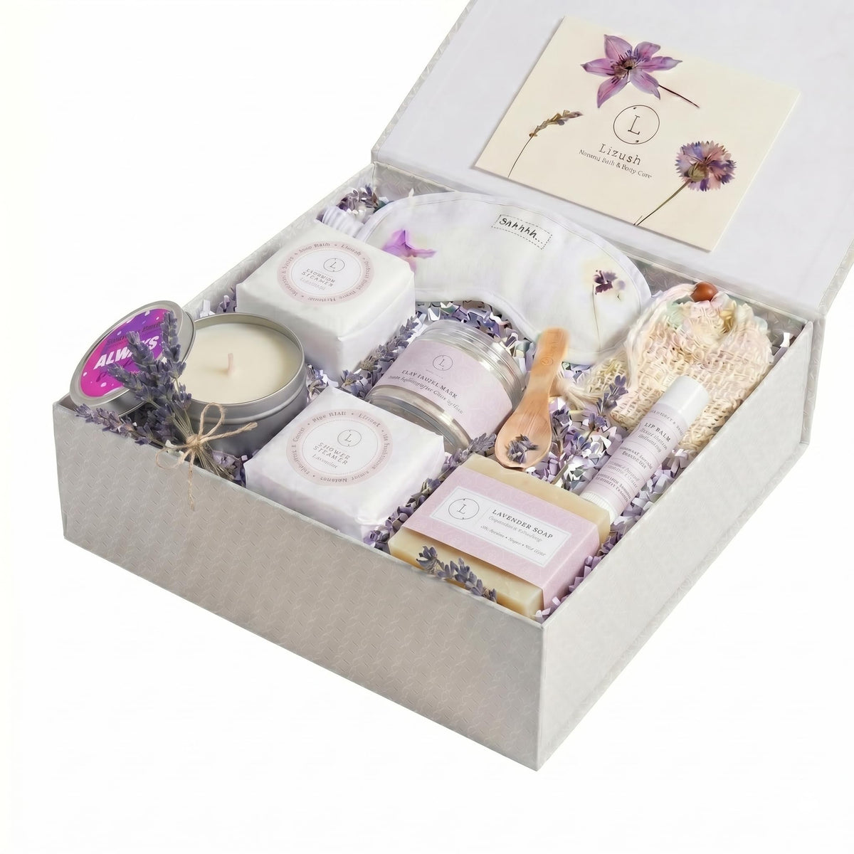 Lizush gift box front view showing lavender spa set and elegant packaging benefit: ready-to-gift