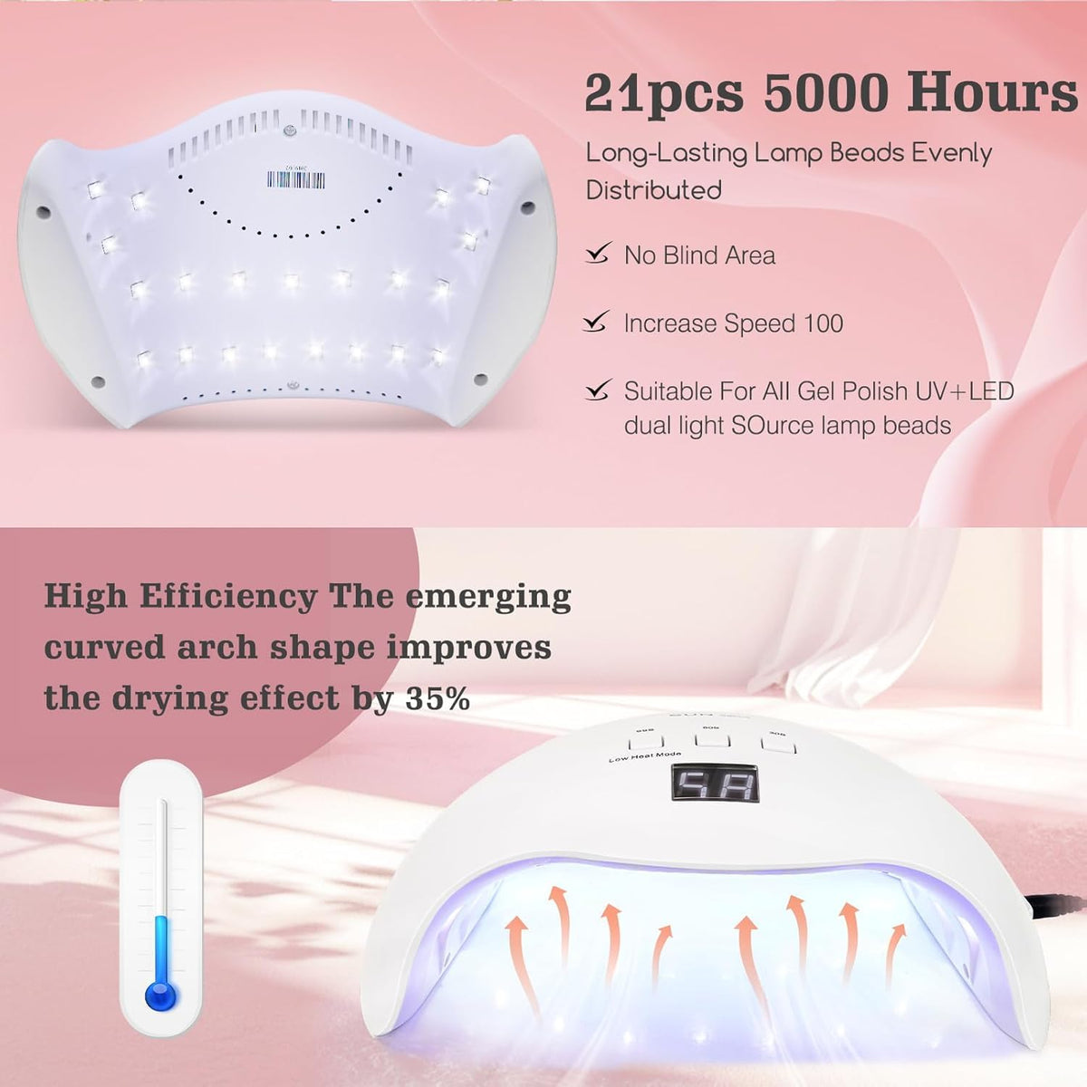 Size comparison with hand showing LKE lamp portability and convenience