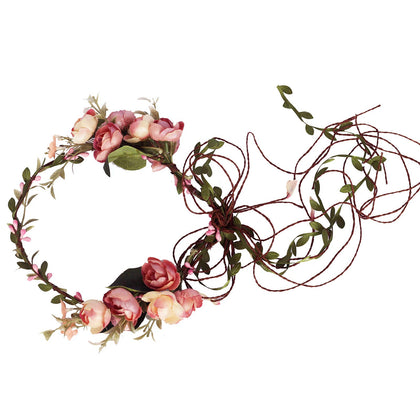 LLinfflr front view of pink flower crown showing romantic boho style