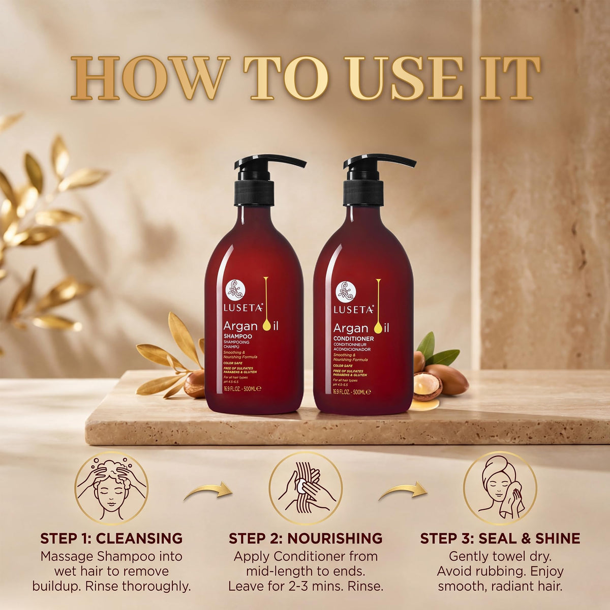 L LUSETA argan nut and leaves highlighting natural oil ingredient potency