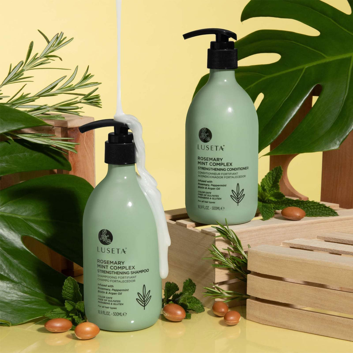 L LUSETA label close-up highlighting rosemary and argan oil ingredients