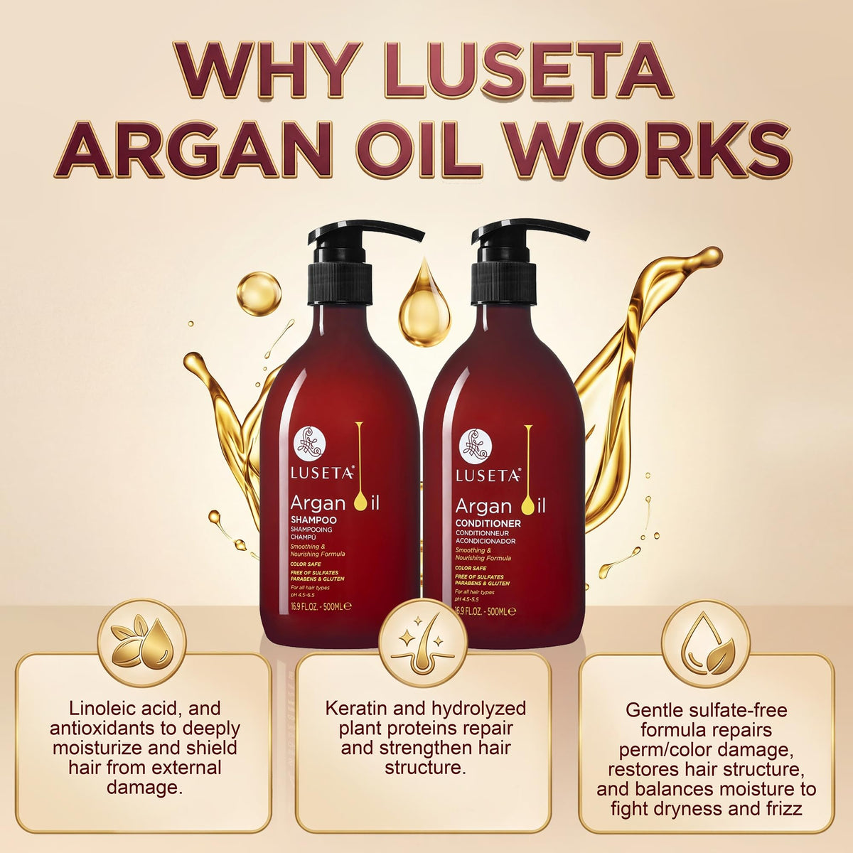 L LUSETA close-up label reading argan oil ingredients and gentle formula