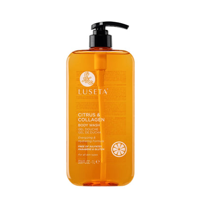 L LUSETA front bottle showing 33.8oz pump and citrus-collagen branding for value