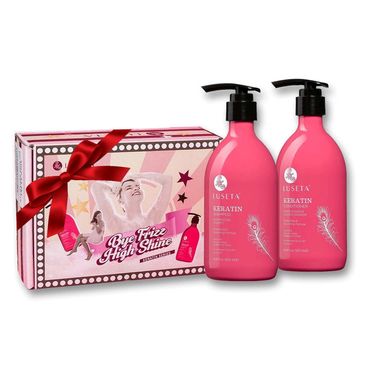 L LUSETA front packaging showing keratin shampoo and conditioner benefits