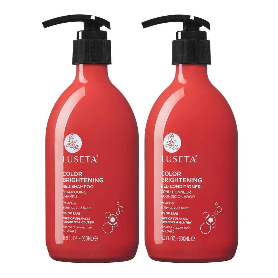 L LUSETA front packaging showing red hair shampoo and conditioner set and benefits