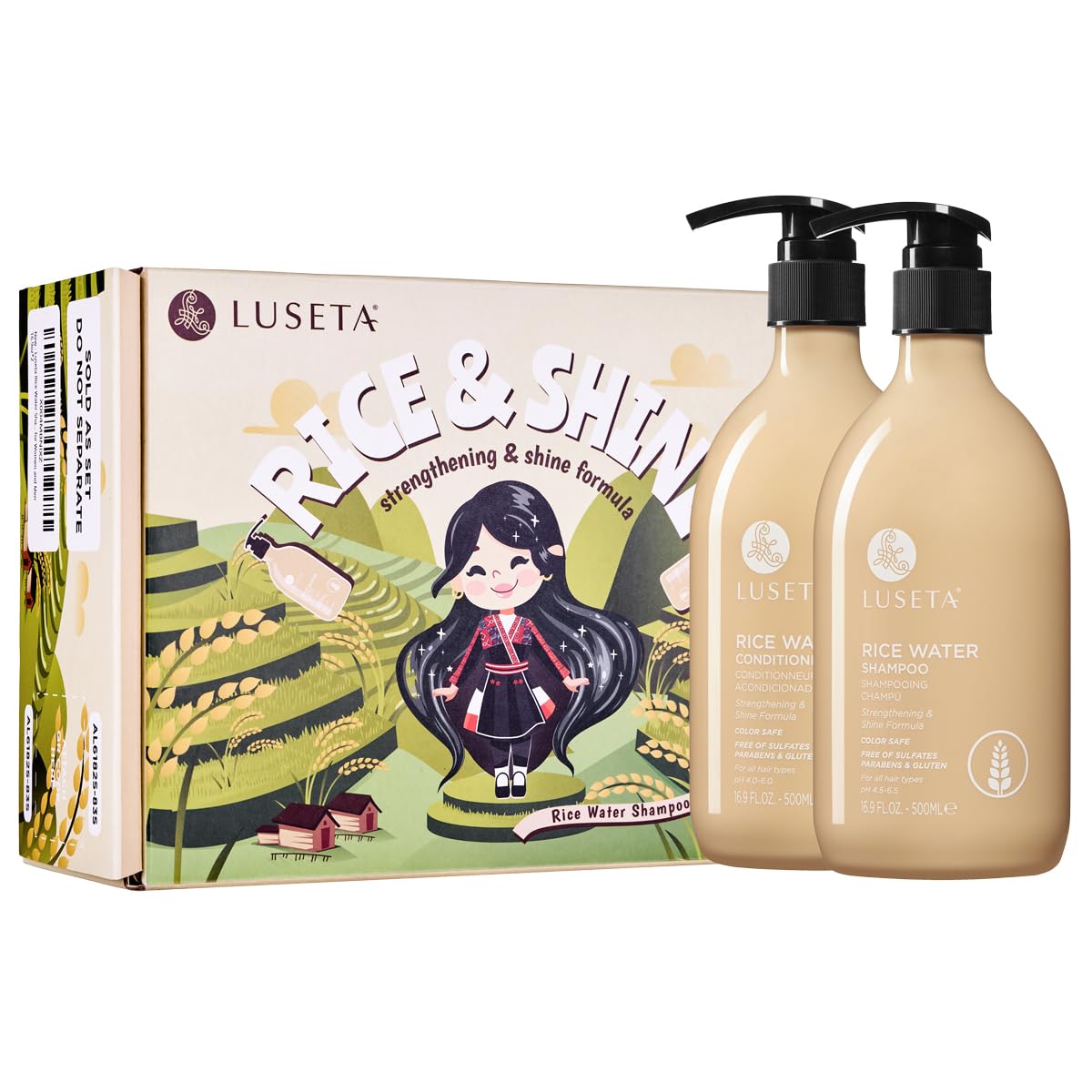 L LUSETA front packaging rice water set showing both bottles and benefits