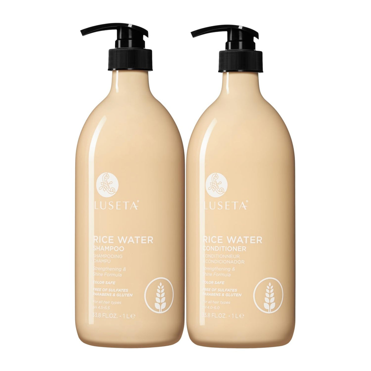 L LUSETA front packaging showing rice water shampoo and conditioner benefits