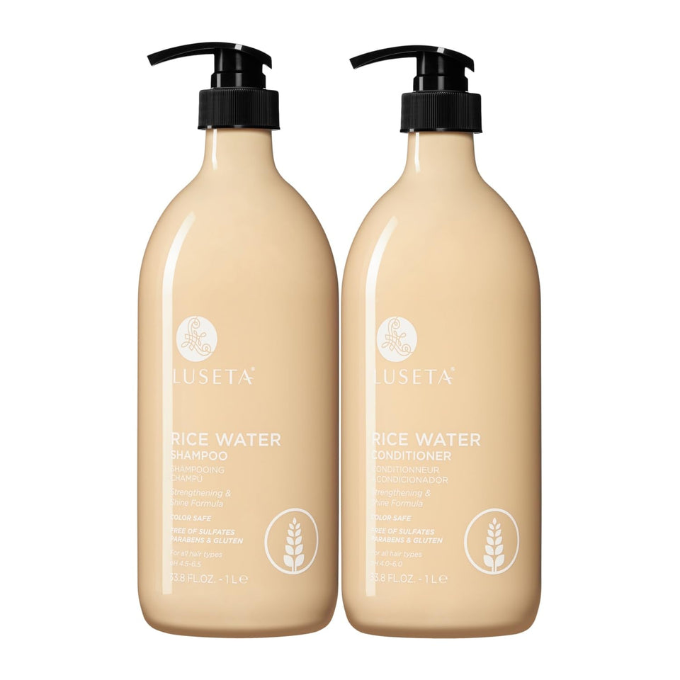 L LUSETA front packaging showing rice water shampoo and conditioner benefits