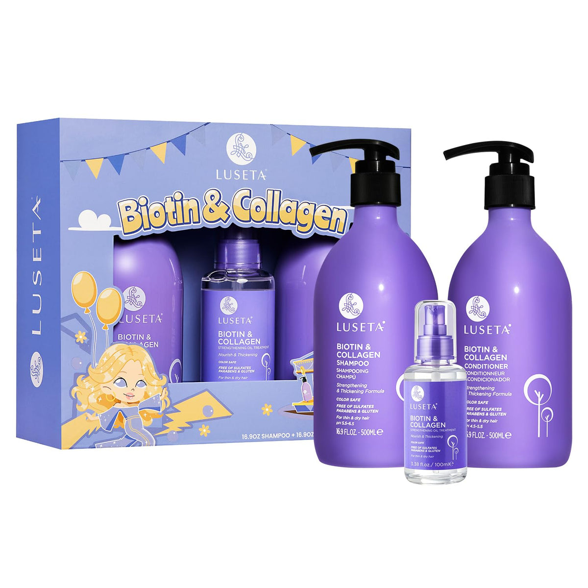 L LUSETA front packaging trio showing bottles and serum for easy identification and benefits