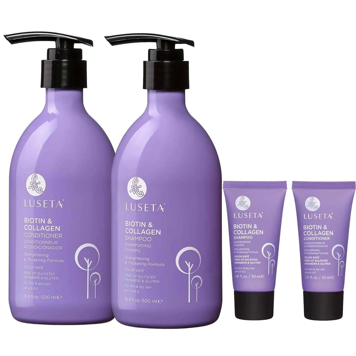 L LUSETA front packaging showing full-size and travel bottles for convenient care