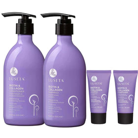 L LUSETA front packaging showing full-size and travel bottles for convenient care