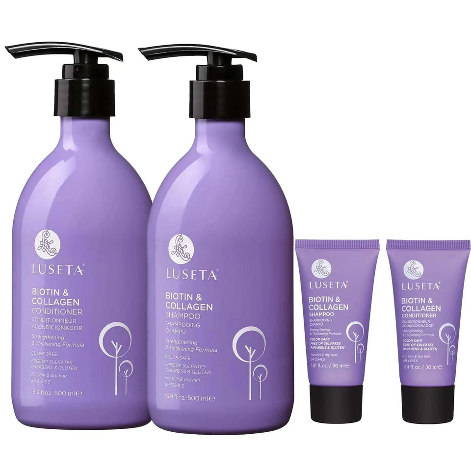 L LUSETA front packaging showing full-size and travel bottles for convenient care
