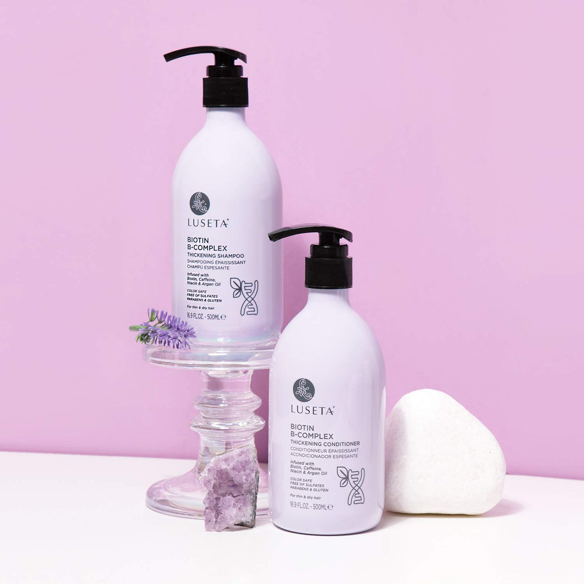 L LUSETA bottles in a bathroom setting demonstrating daily use and routine