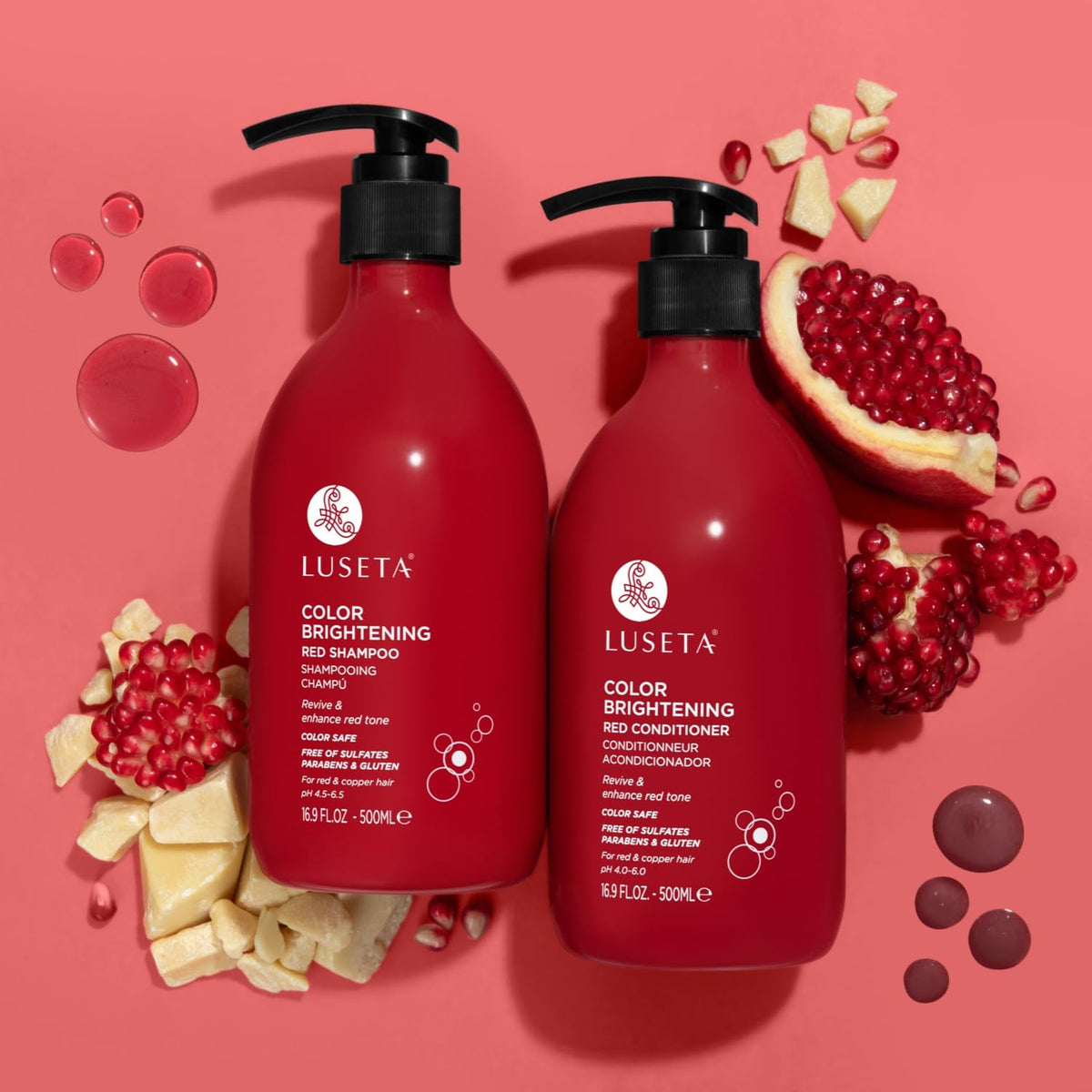 L LUSETA bottles staged in bathroom to show daily routine and styling support