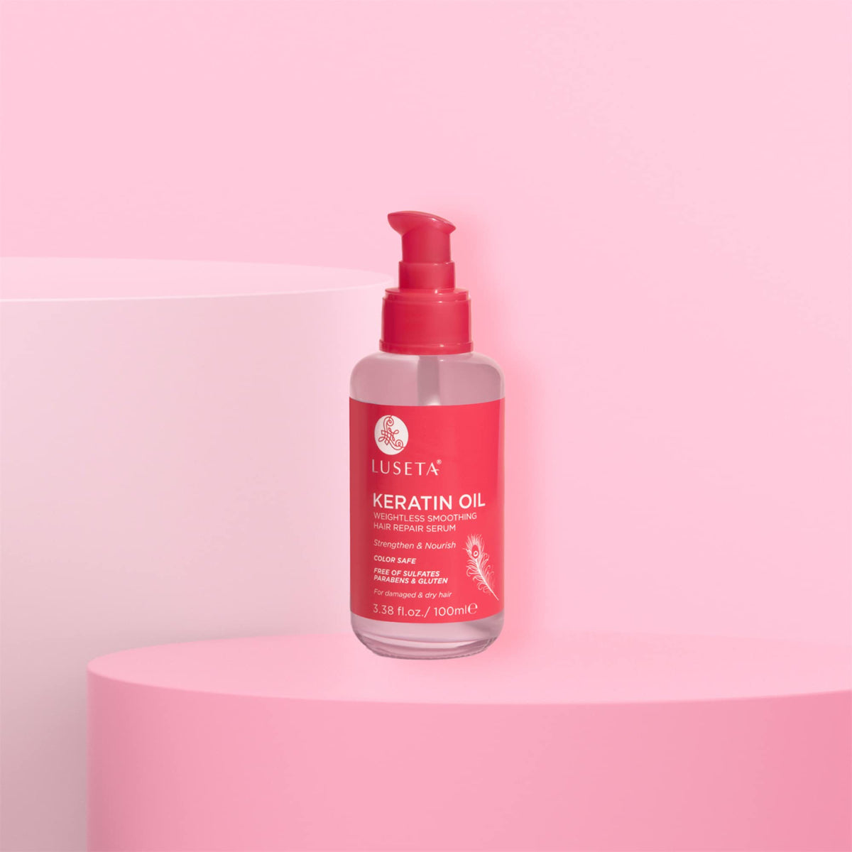 L LUSETA placed on bathroom vanity in a morning routine setting for styling and care