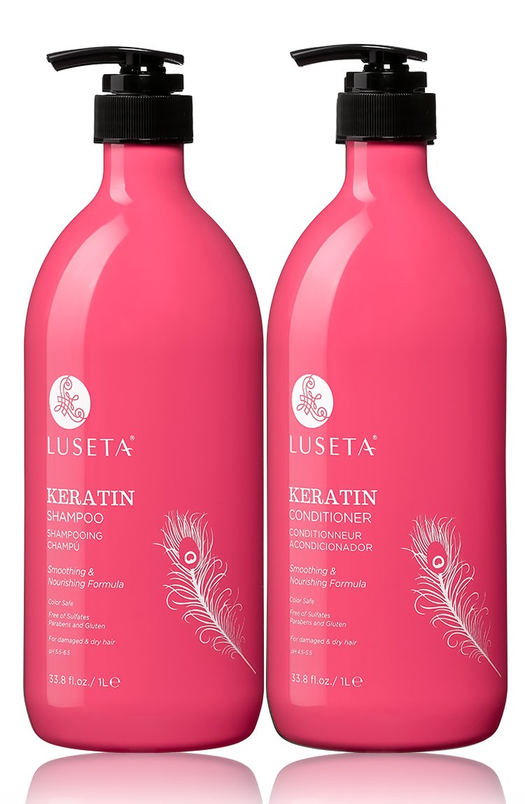 L LUSETA front packaging duo showing full-size shampoo and conditioner benefits