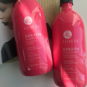 L LUSETA bottles styled in bathroom showing salon care at home benefit