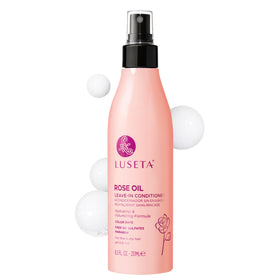 L LUSETA front bottle view showing label and nourishing rose oil benefits