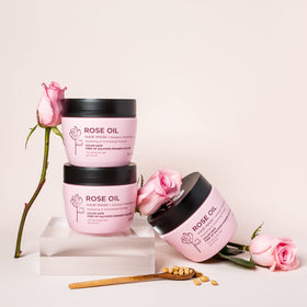 L LUSETA rose oil and botanical extracts staged to show natural ingredient benefits