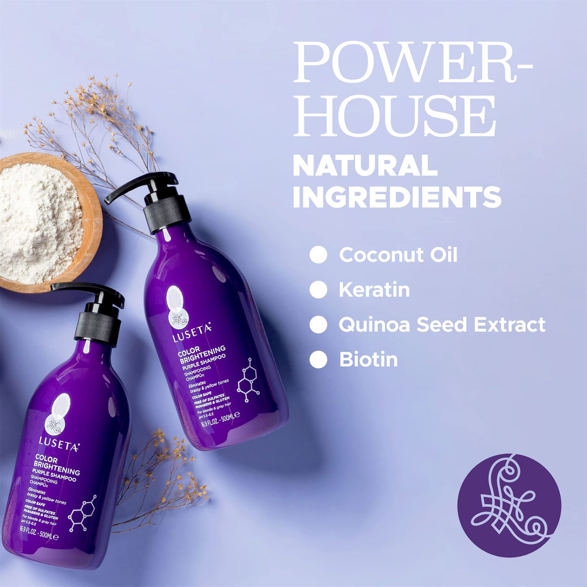 L LUSETA shampoo texture and violet lather close-up demonstrating pigment dispersion benefit