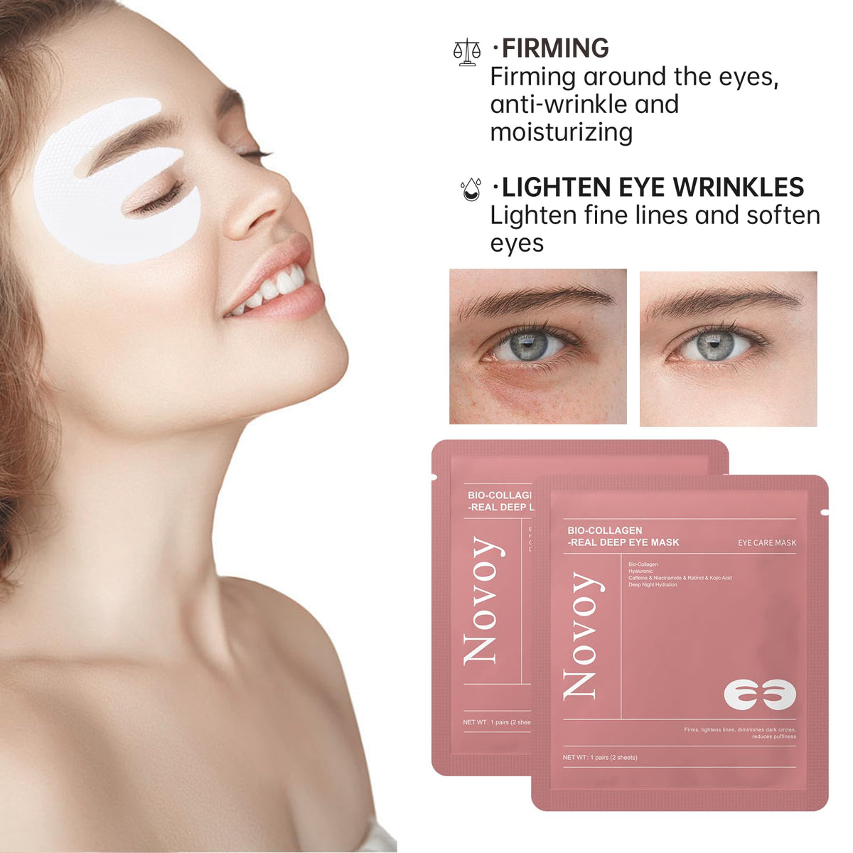 LLVYUO patch applied under eye demonstrating comfortable fit and wraparound coverage