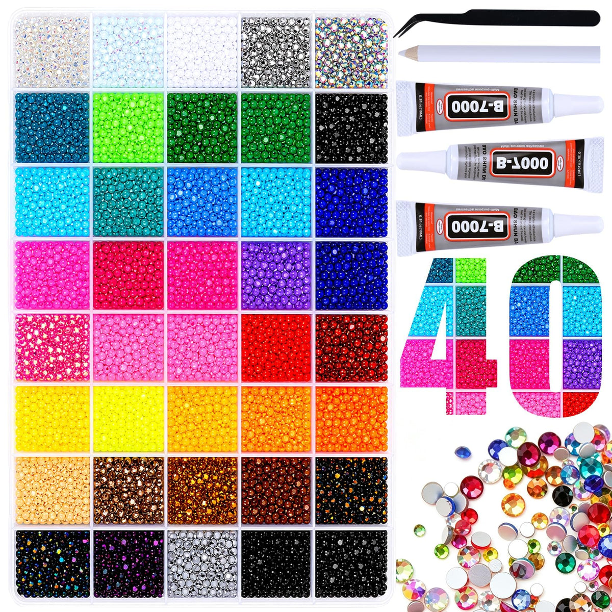 Loboout front packaging displaying 40,000 rhinestones and three glue bottles for complete kits