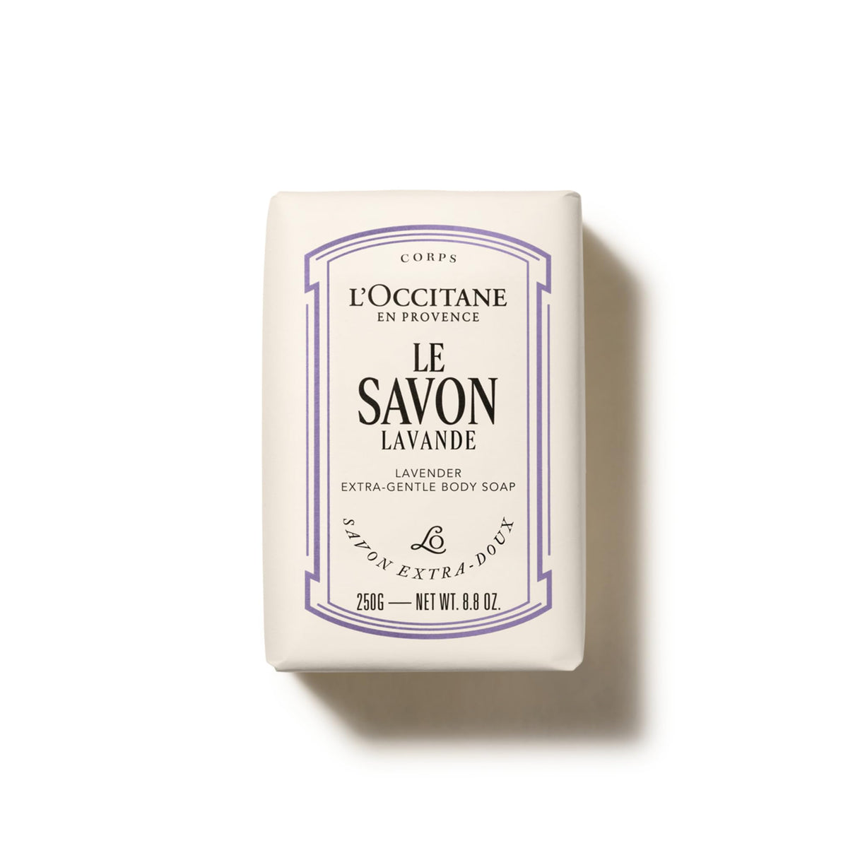 L'OCCITANE front packaging showing shea lavender soap, highlights moisturizing benefit