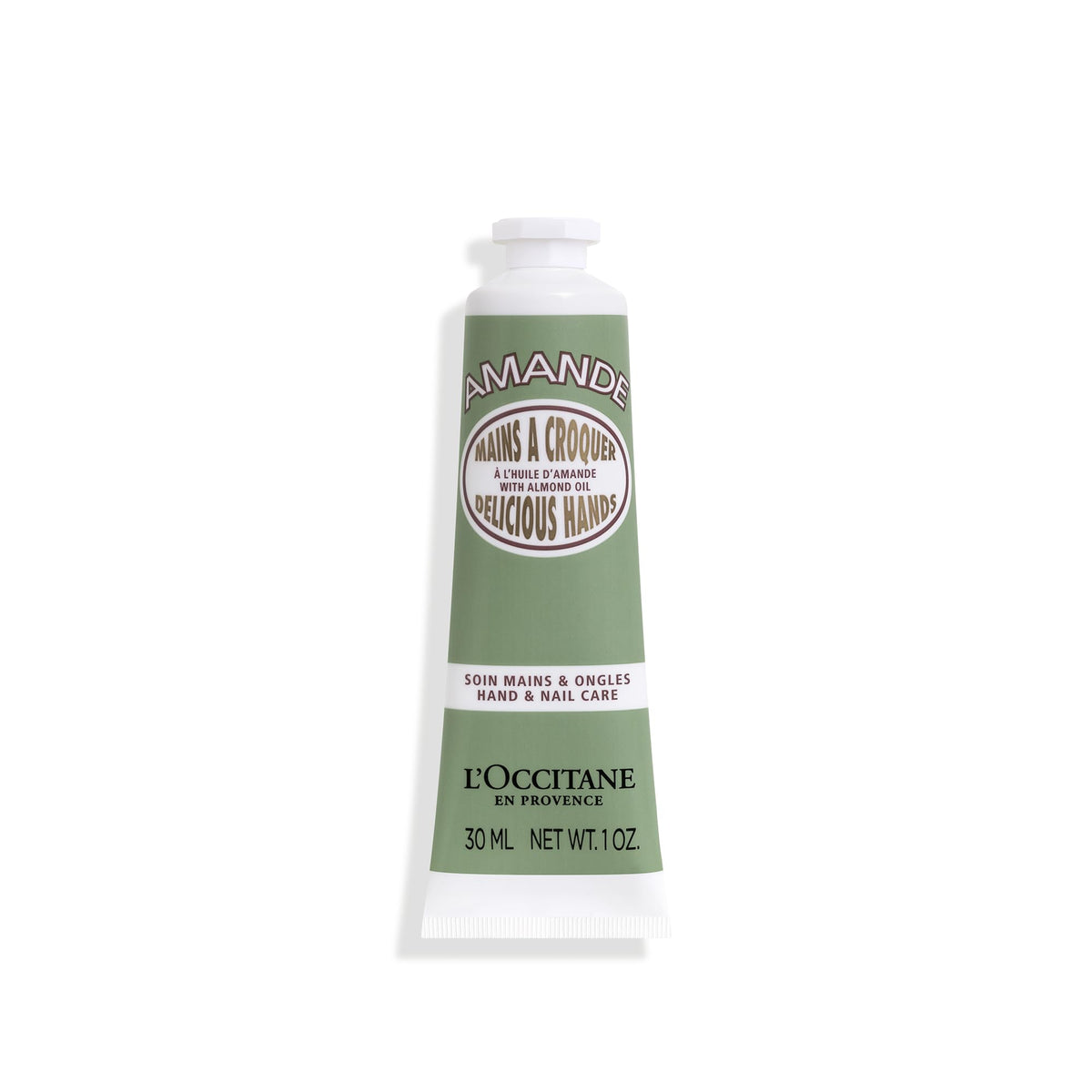 L'OCCITANE front packaging of almond hand cream showing compact tube and branding benefit travel-friendly