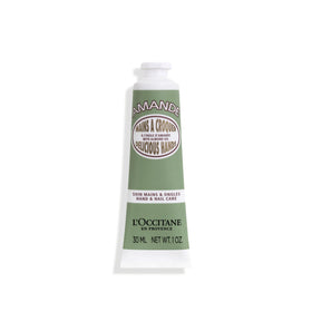 L'OCCITANE front packaging of almond hand cream showing compact tube and branding benefit travel-friendly
