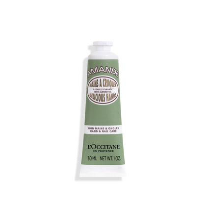 L'OCCITANE front packaging of almond hand cream showing compact tube and branding benefit travel-friendly