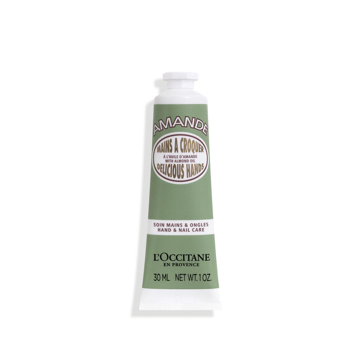 L'OCCITANE front packaging of almond hand cream showing compact tube and branding benefit travel-friendly