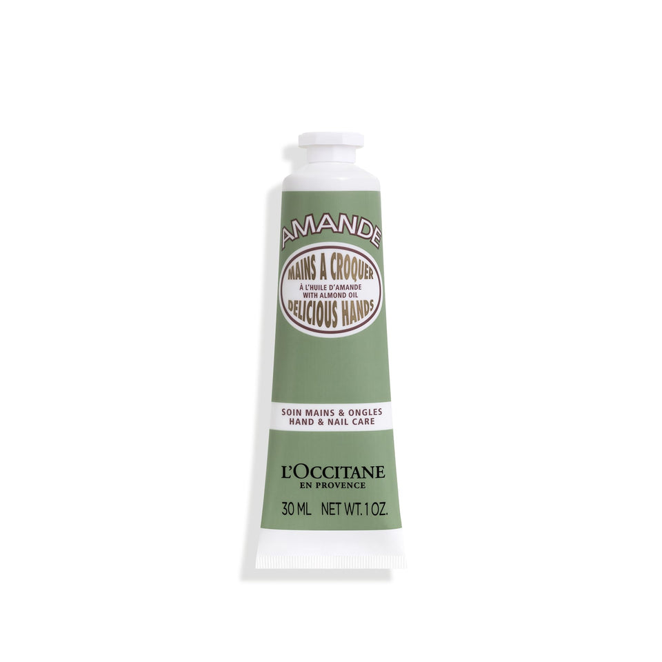 L'OCCITANE front packaging of almond hand cream showing compact tube and branding benefit travel-friendly