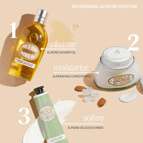 L'OCCITANE lifestyle bathroom vanity shot with almond cream among self-care items for everyday ritual benefit