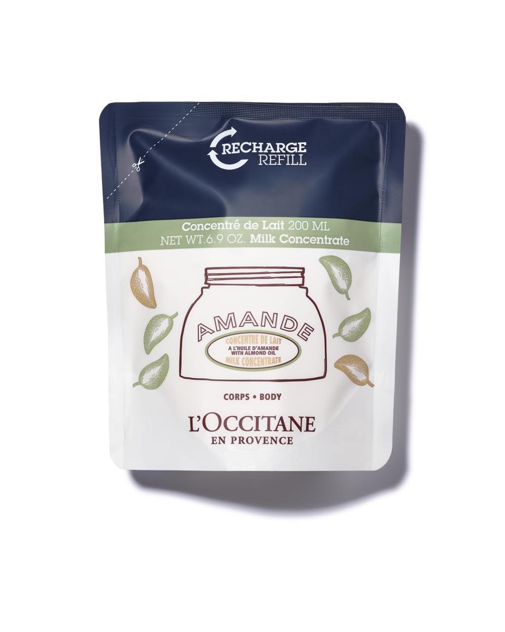 L'OCCITANE almond refill front packaging shows eco-friendly pouch and brand
