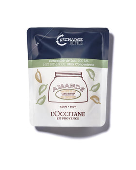 L'OCCITANE almond refill front packaging shows eco-friendly pouch and brand