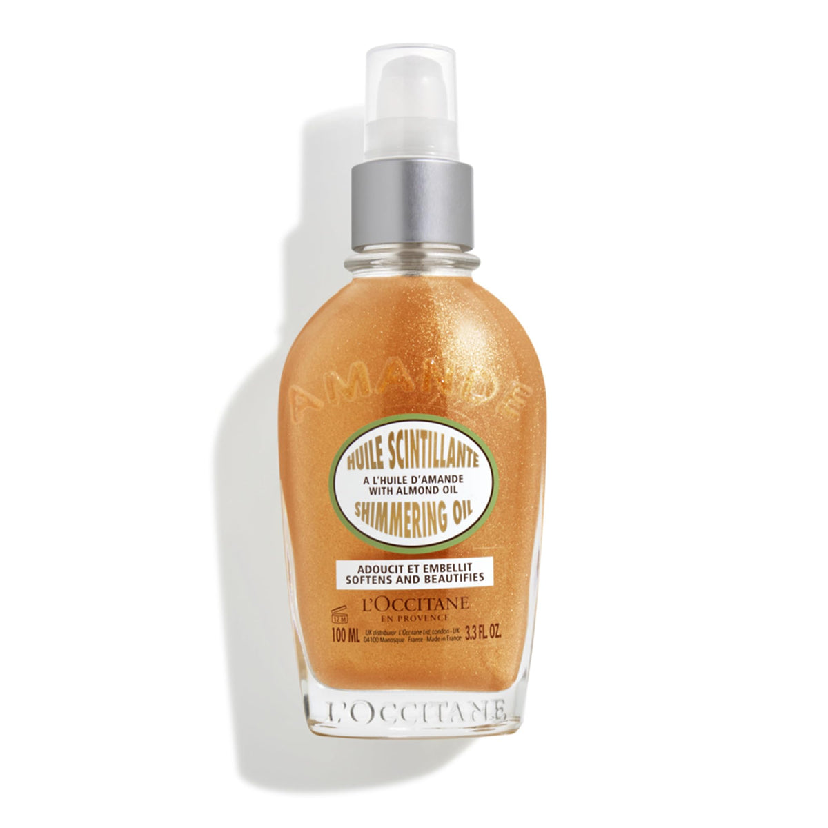 L'OCCITANE almond shimmering body oil front bottle showing elegant packaging and glow