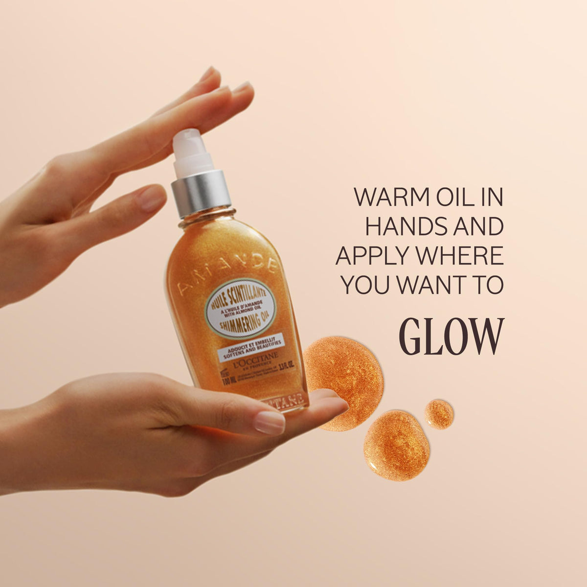 L'OCCITANE almond oil close-up texture showing fine shimmer and silky finish