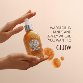 L'OCCITANE almond oil close-up texture showing fine shimmer and silky finish