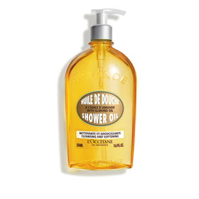 L'OCCITANE bottle front view showing almond shower oil and size benefit