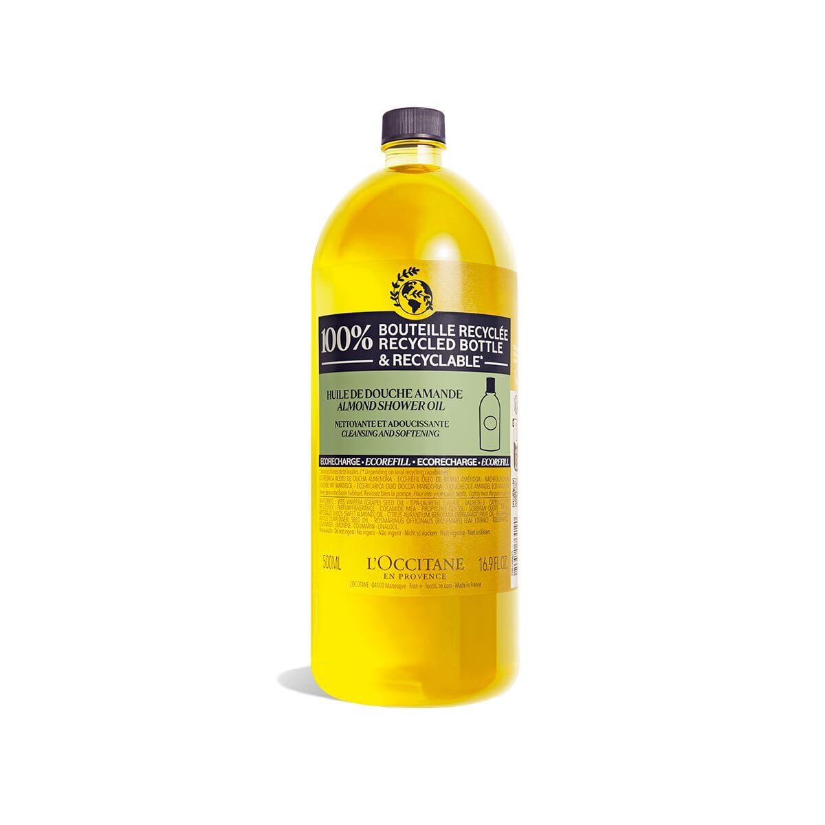 L'OCCITANE front packaging of almond shower oil refill shows bottle and size benefits