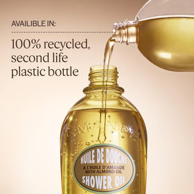 L'OCCITANE almond shower oil refill staged in bathroom for luxurious shower routine