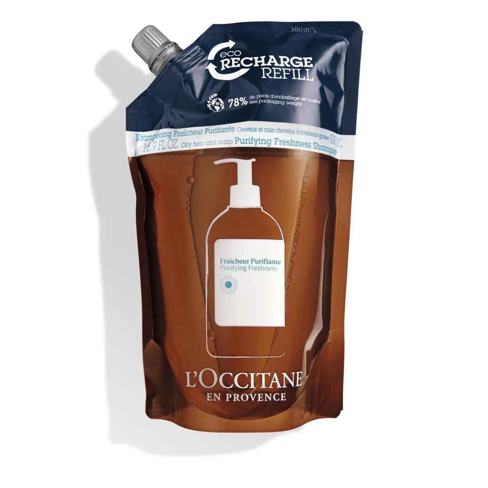 L'Occitane refill pouch front view showing label and size, eco benefit