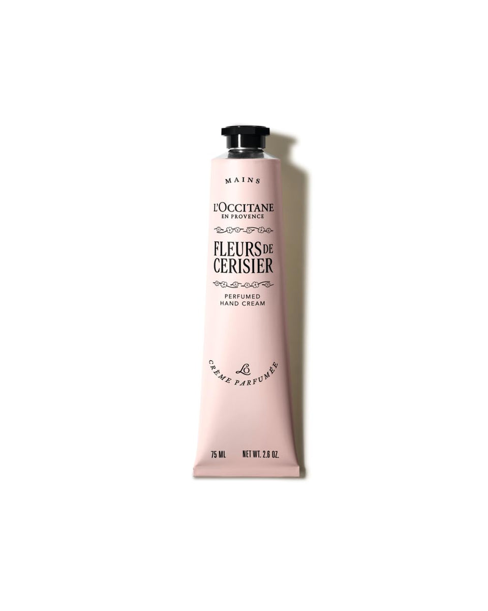 L'OCCITANE front packaging showing full 2.6 oz tube and cherry blossom design, suggests luxury hydration